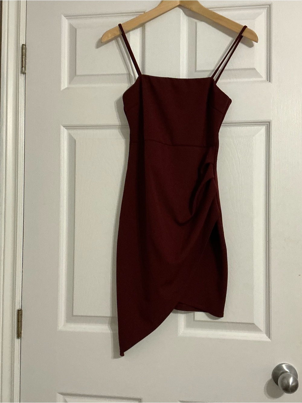 Blue Blush Spaghetti Strap Asymmetrical Ruched Cocktail Dress - Burgundy